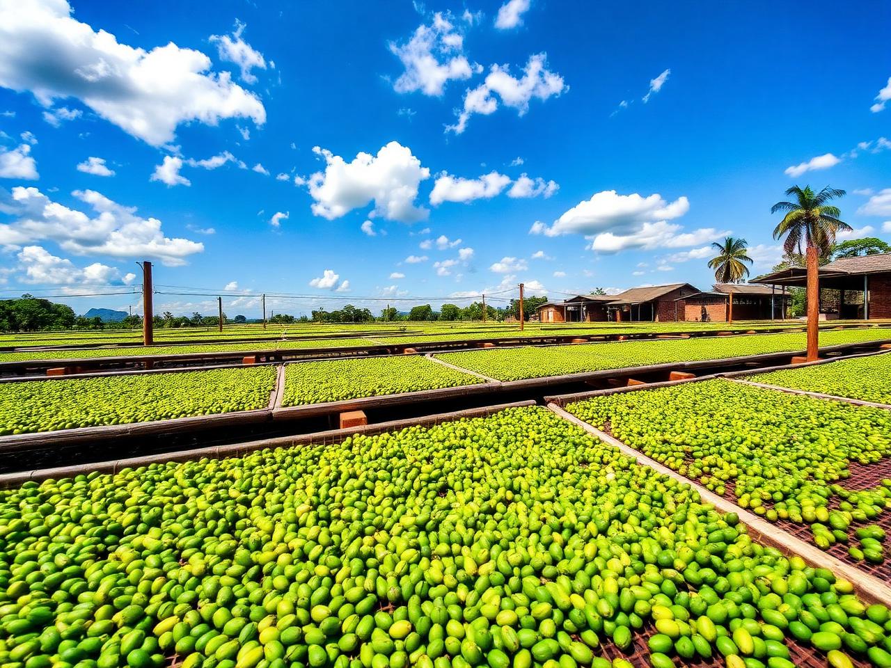 Coffee drying on raised beds