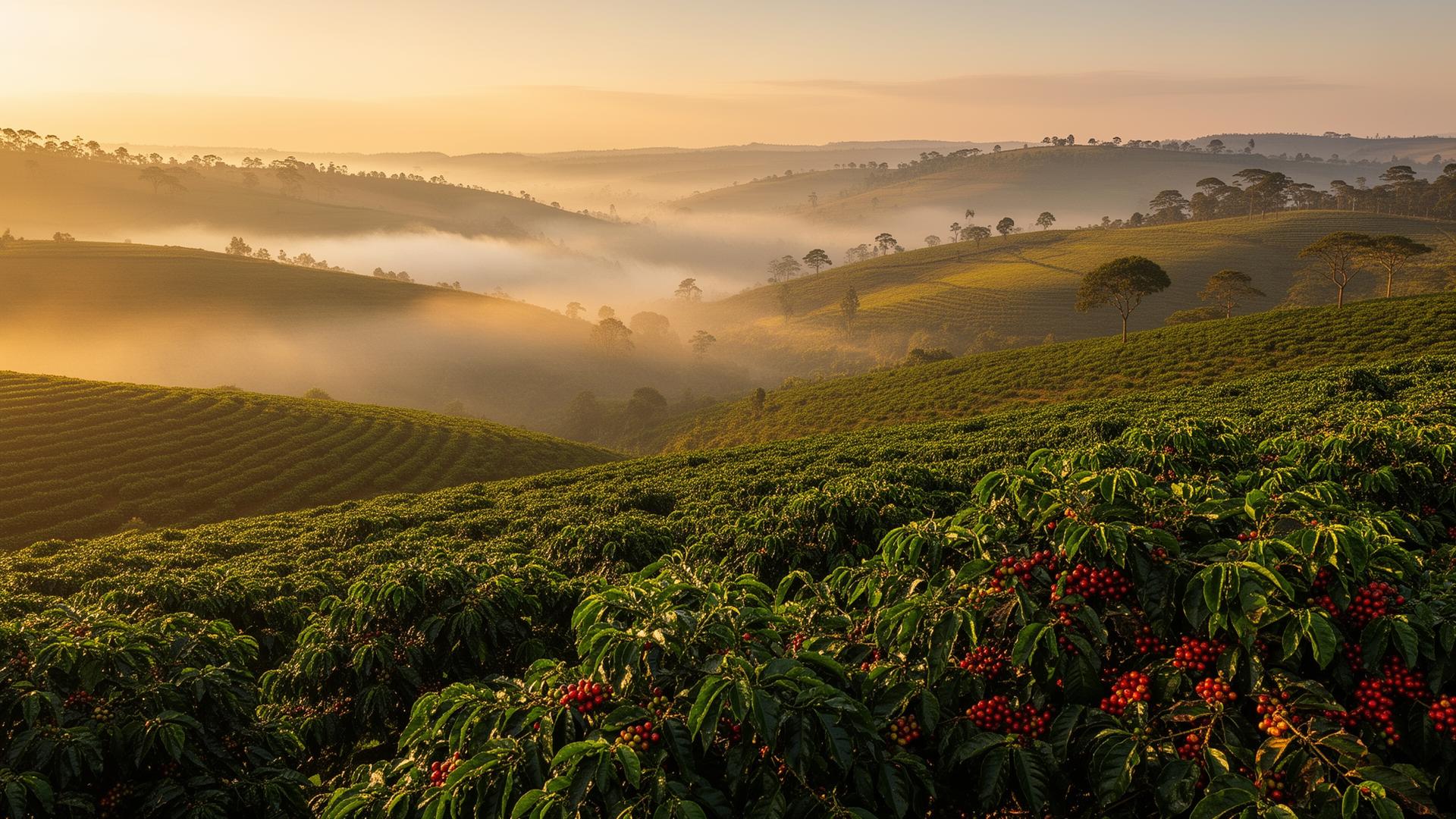 Sunrise over Nandi Highlands coffee farms in Kenya
