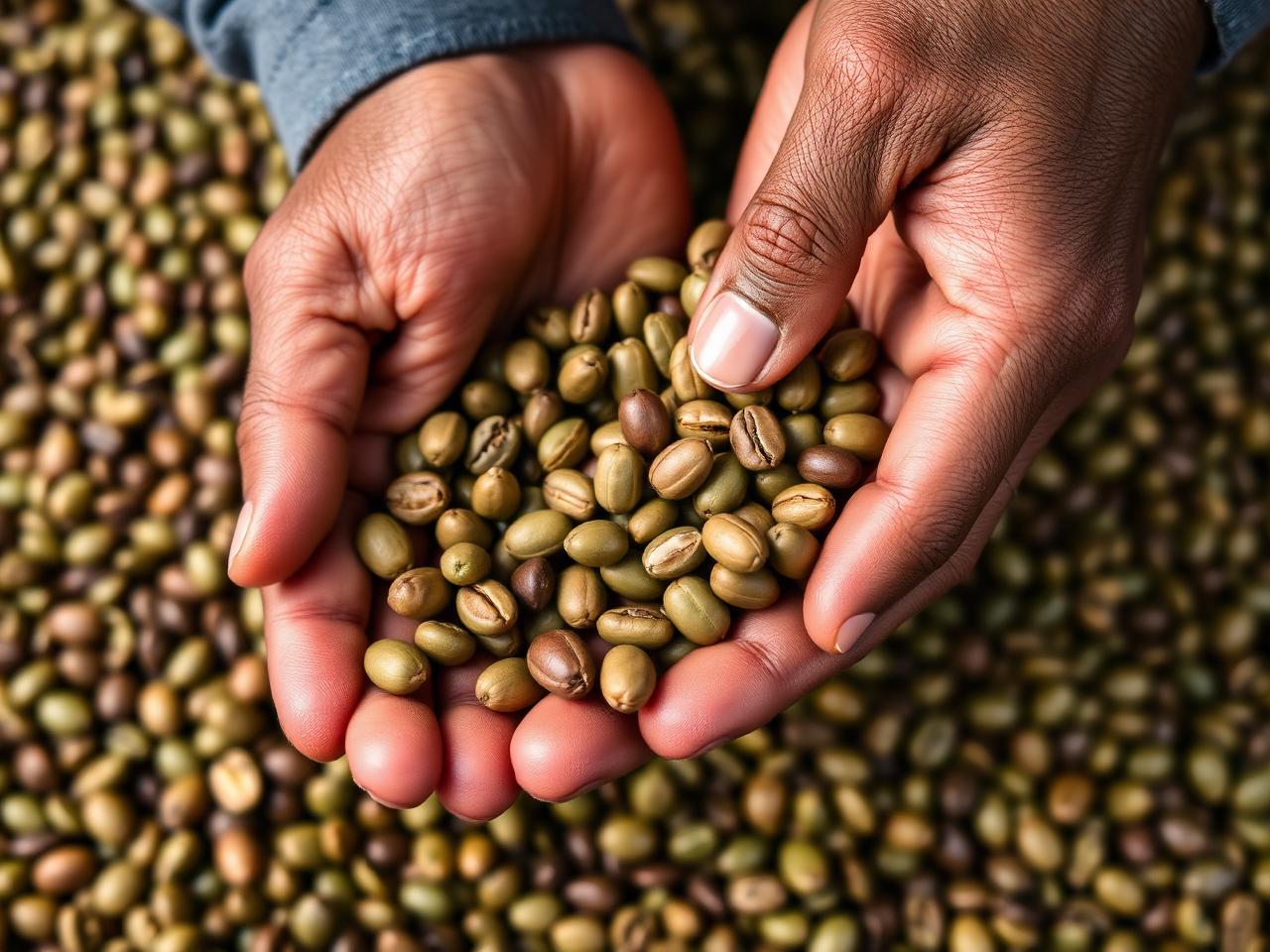 Hands sorting green coffee